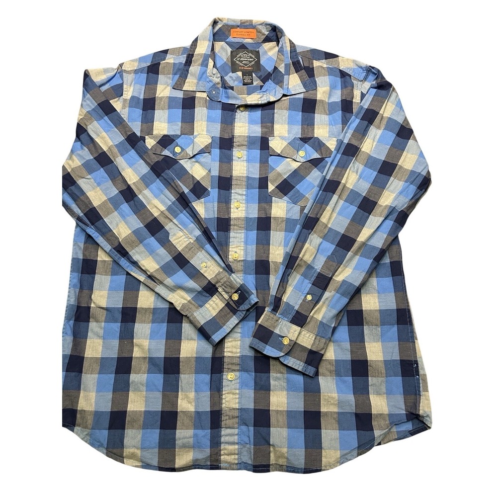 St. John's Bay Blue Plaid Button Up‎ Shirt Mens L, 100% Cotton Comfort Stretch